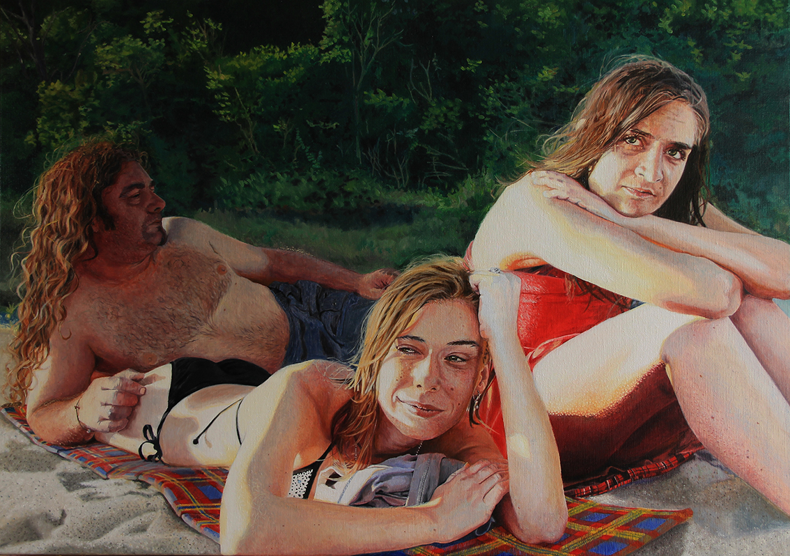 Figurative, realistic painting of three friends on the beach.