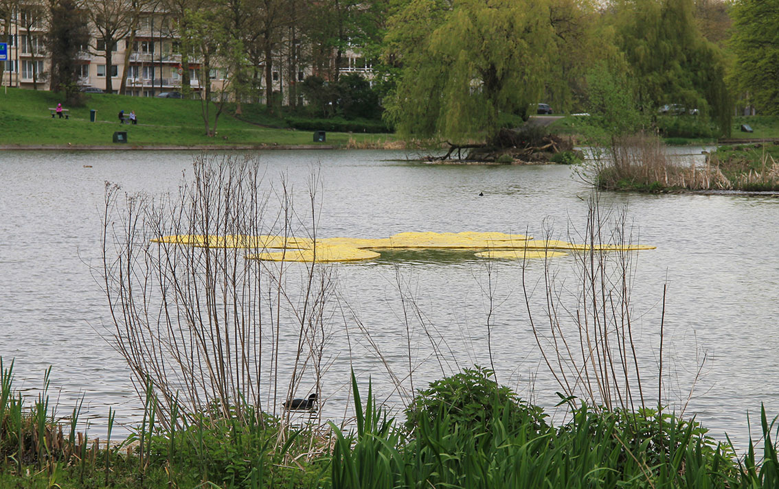 Land Art installation. Floating Golden (F)oil. Artists: Tanya Atanasova & Thomas van Walle